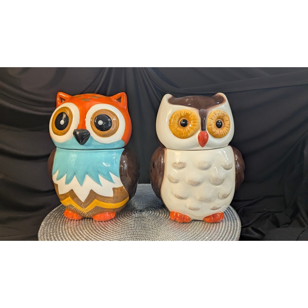 LOT OF 2 Ceramic & Porcelain Owl Cookie Jar White Brown Orange with Lid